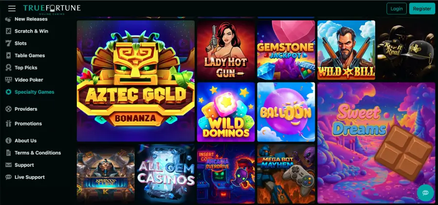 True Fortune casino lobby showing pokies and table games True Fortune casino lobby showing pokies and table games