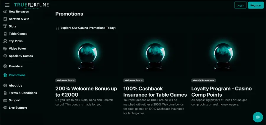 True Fortune casino bonus codes section with active promotions