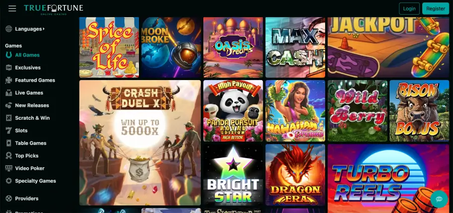 True Fortune casino games selection page with pokies categories
