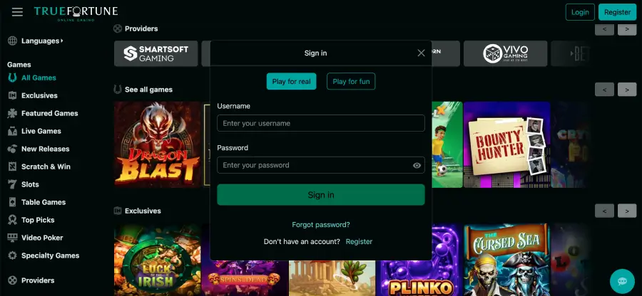 True Fortune casino login page with email and password fields