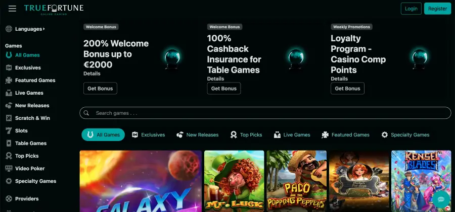 True Fortune casino homepage interface for Australian players True Fortune casino homepage interface for Australian players